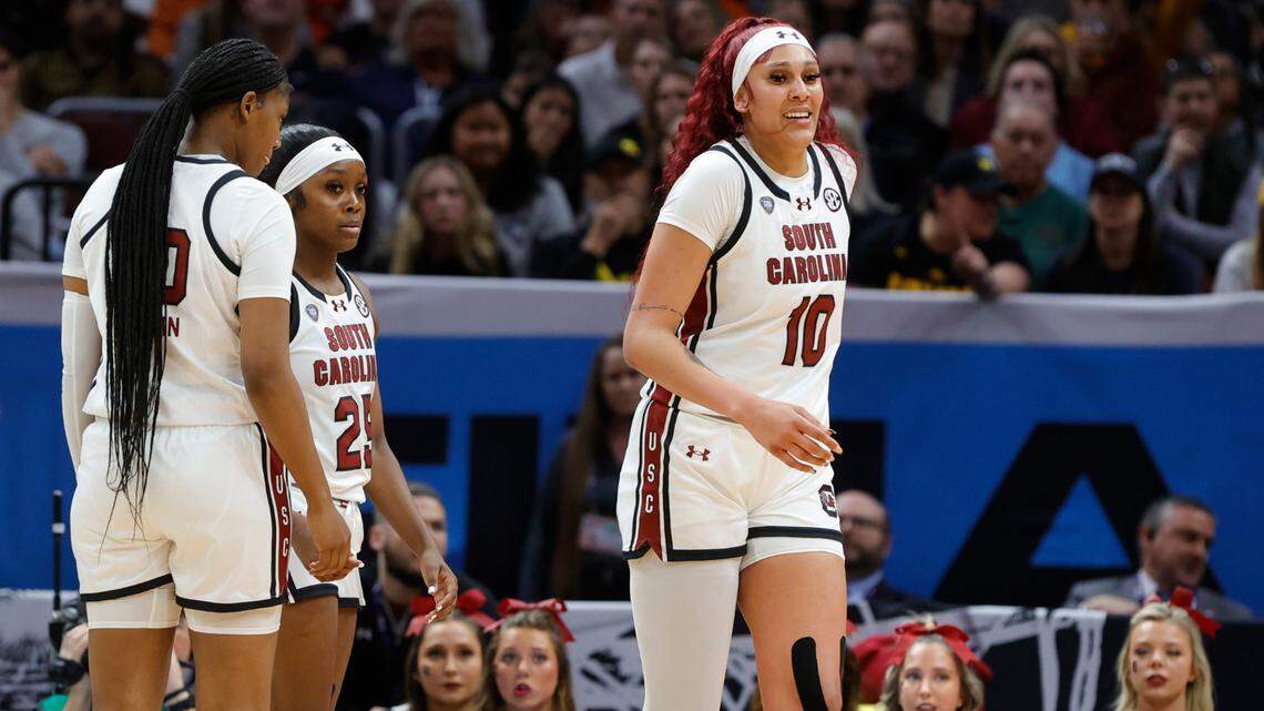 South Carolina’s Kamilla Cardoso (10) limps off the court during the first half of the Final Four game at Rocket Mortgage FieldHouse in Cleveland, Ohio on Friday April 5, 2024.