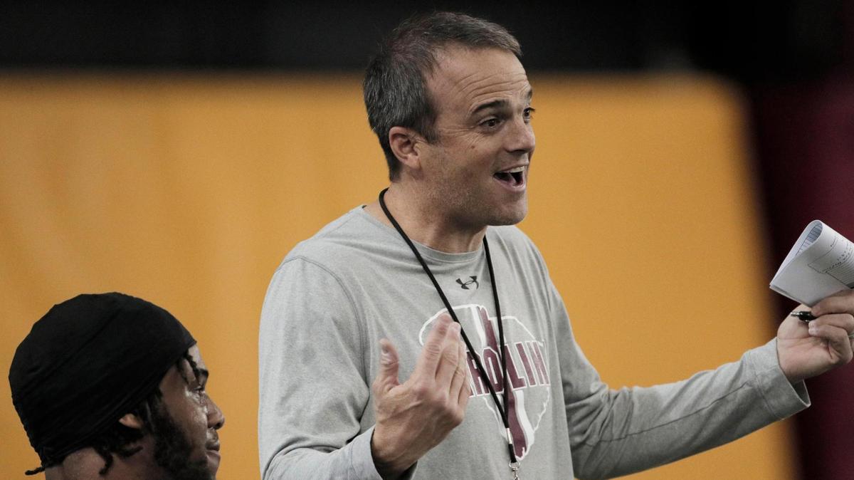 South Carolina’s TJ Sanders 90 speaks with head coach Shane Beamer during football practice on Thursday, April 7, 2022.