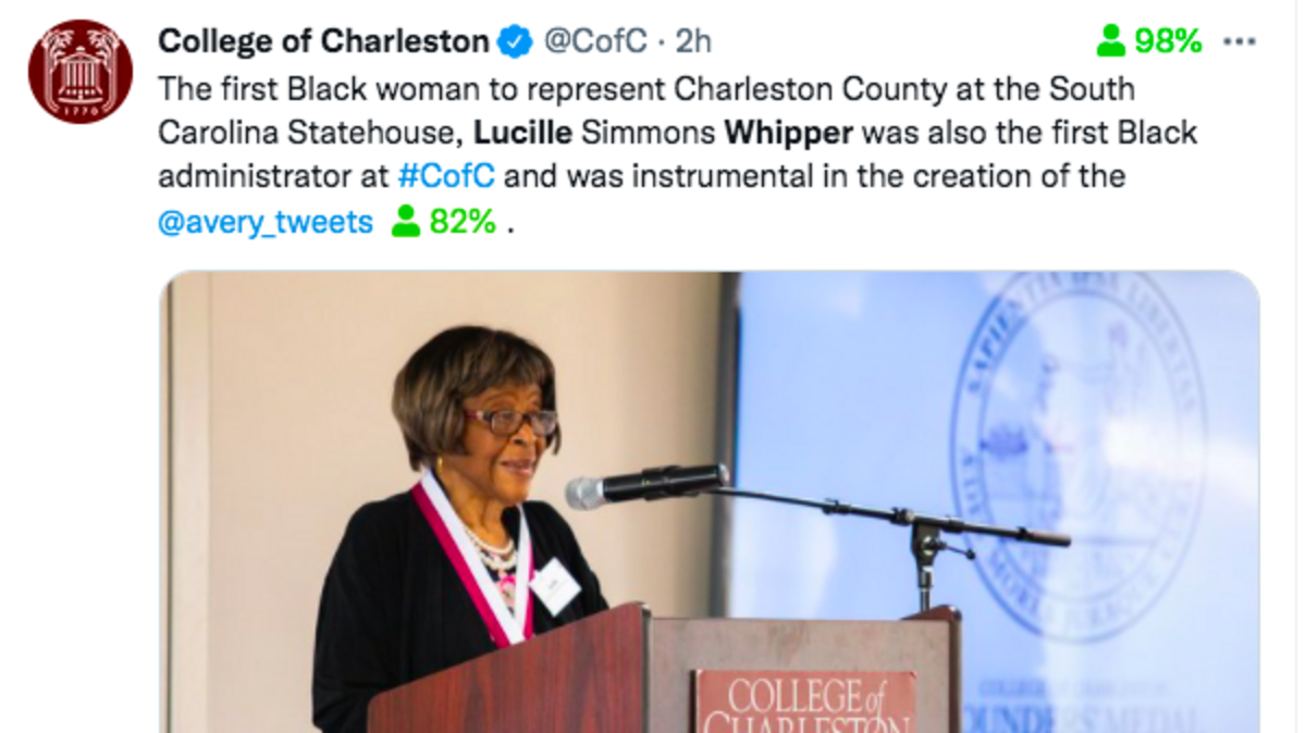 The College of Charleston tweets about the death of former state Rep. Lucille Whipper, who served as the first Black administrator at the college.