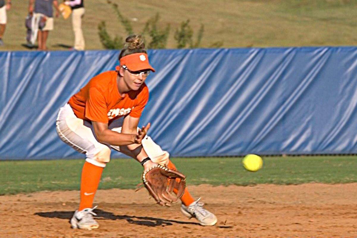 Ansley Gilstrap (8), IF/UT of Clemson softball, catches the ball during the practice before the scrimmage against Erskine College at Southern Wesleyan Varsity Field on Wednesday, Oct. 2, 2019.