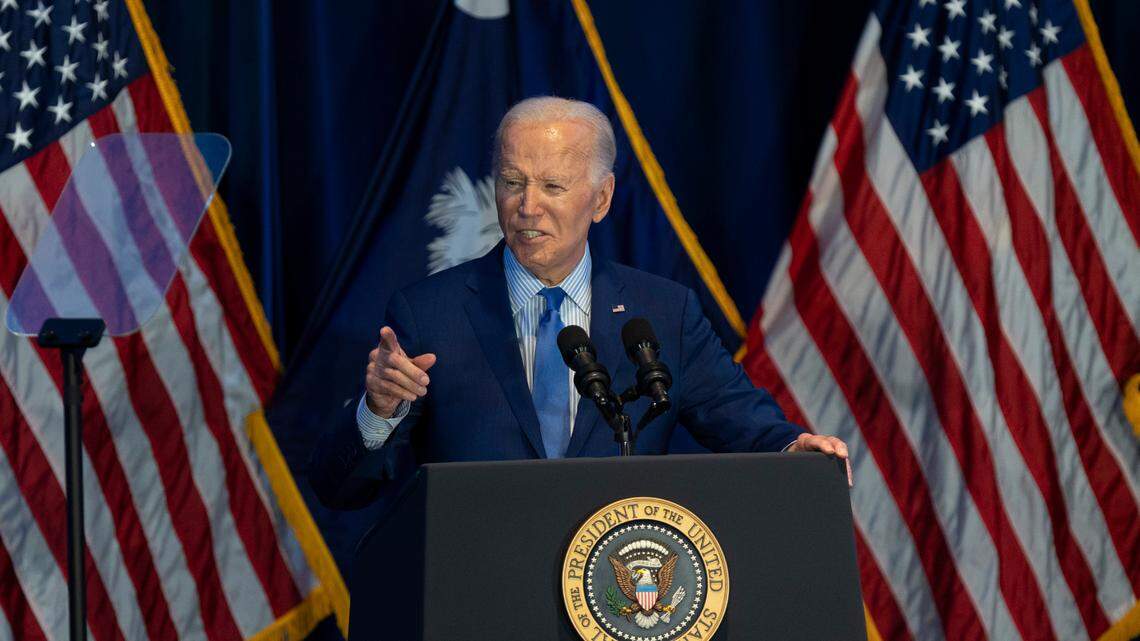 President Joe Biden speaks during an appearance at the South Carolina Democratic Party’s First-in-the-Nation Celebration Dinner on Saturday, Jan. 27, 2024.