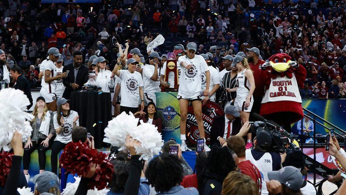 The University of South Carolina Gamecocks celebrate winning the national championship game against UConn at the Target Center in Minneapolis, Minn. on Sunday April 3, 2022.