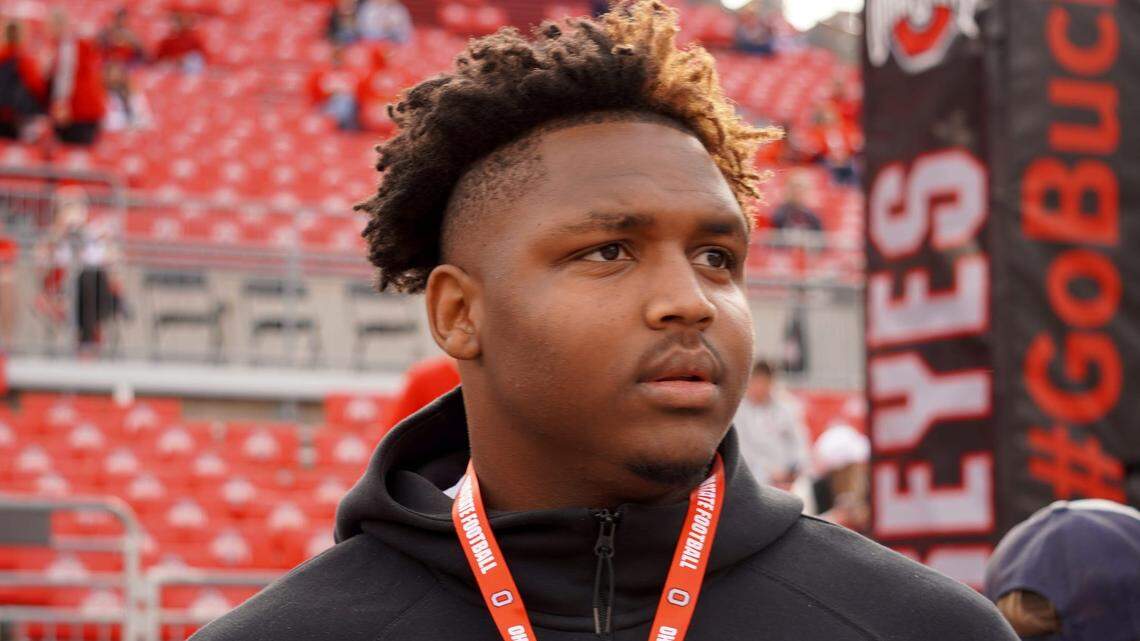 Buford High School (Buford, Georgia) defensive lineman Eddrick Houston takes in Ohio State’s pregame ahead of the Buckeyes’ kickoff against Maryland at Ohio Stadium on Oct. 7, 2023.
