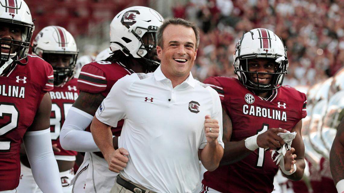 South Carolina Gamecocks head coach Shane Beamer runs with his team before they play the Eastern Illinois Panthers at Williams-Brice Stadium on Saturday, September 4, 2021.