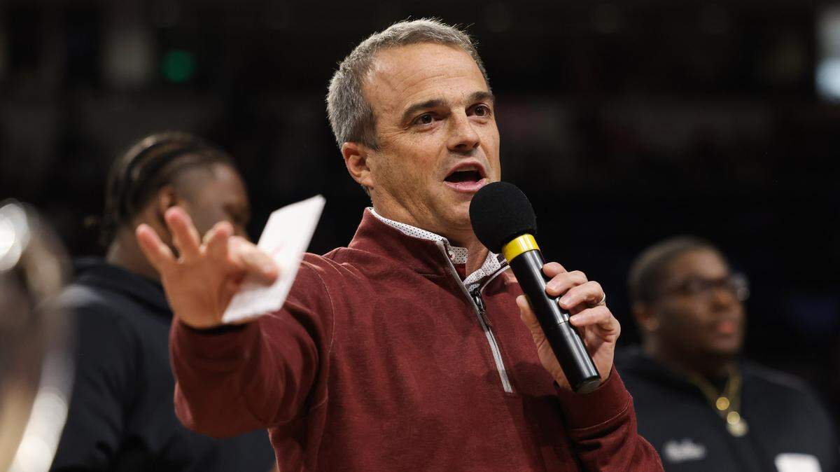 South Carolina football head coach Shane Beamer speaks during a ceremony at halftime of Gamecocks’ game against Mississippi State at Colonial Life Arena in Columbia on Saturday, January 25, 2025.