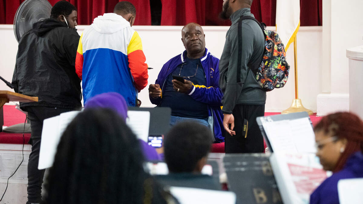 Wade Johnson, director of bands at Benedict College, speaks with his marching band on Thursday, October 28, 2021. His band is scheduled to perform at major showcases around the country.