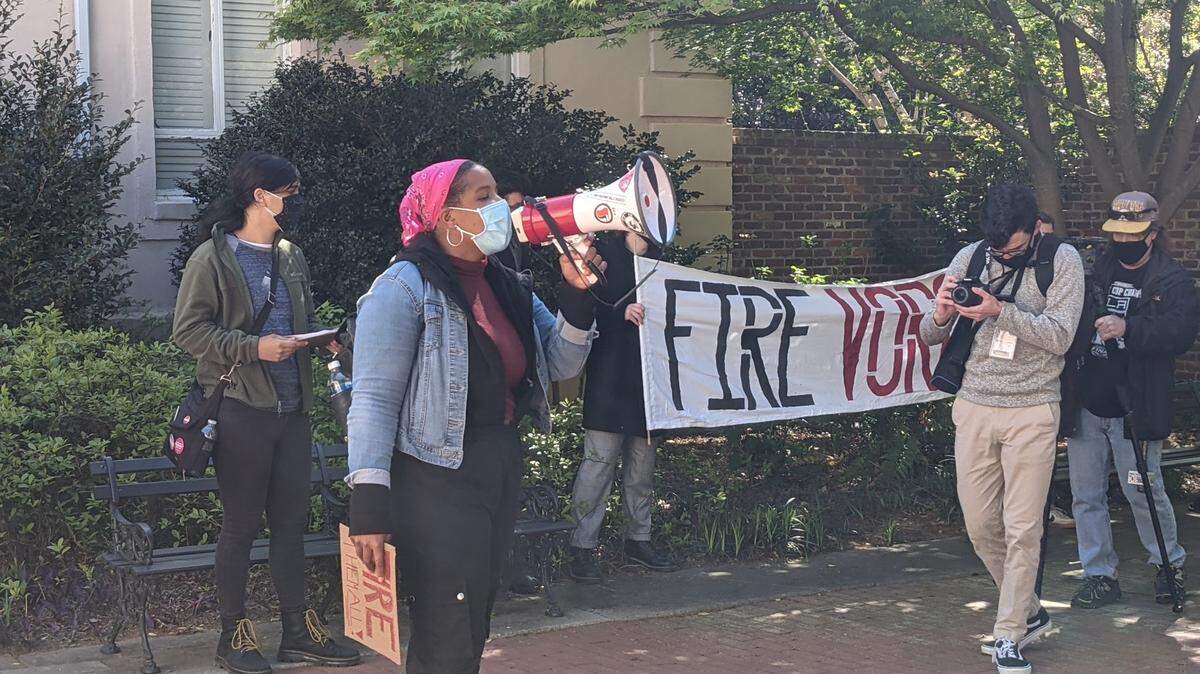 Lauryn Workman leads a protest on the University of South Carolina’s campus against the school’s handling of sexual harassment allegations on April 2, 2021.