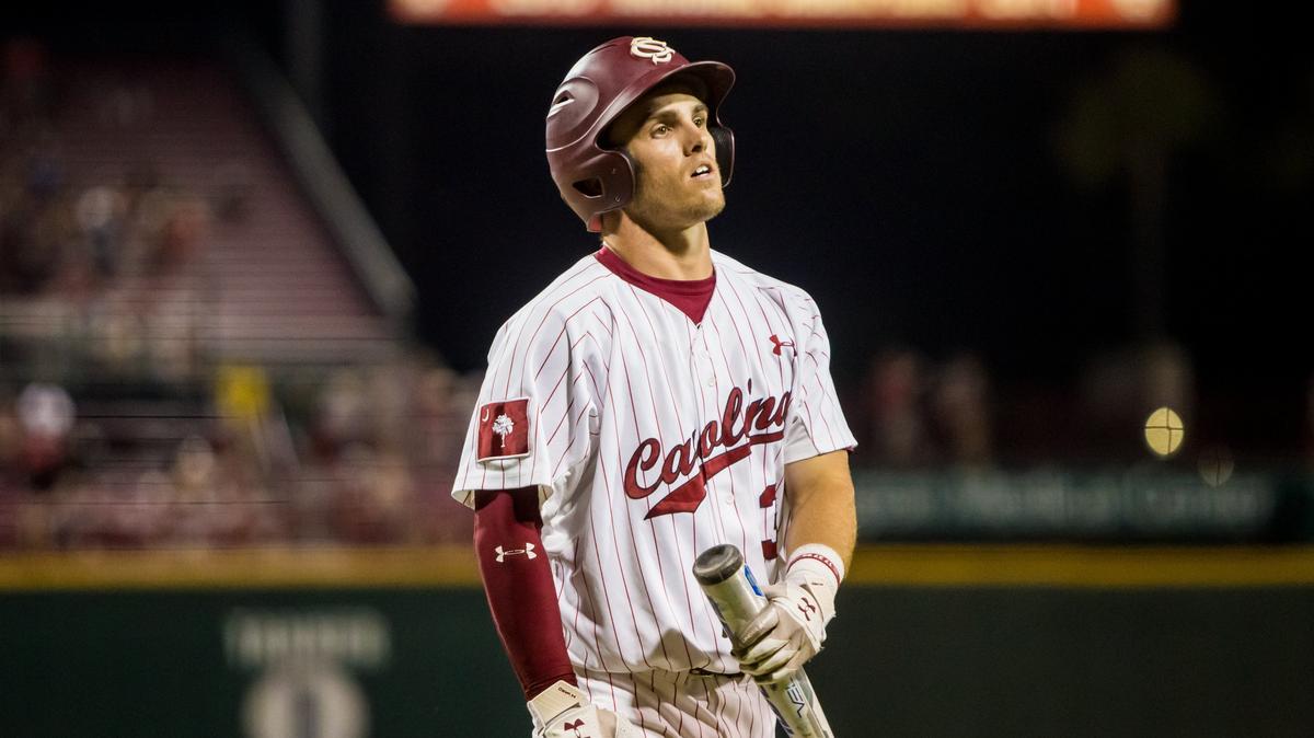South Carolina Gamecocks second baseman Justin Row (3) reacts after striking out with the bases loaded to end the fifth inning of their game against the Missouri Tigers at Founders Park. 5/11/18