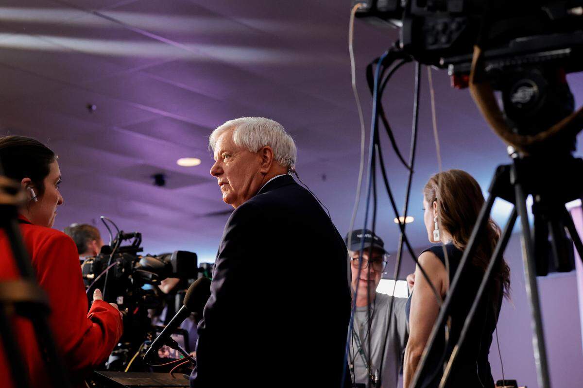 U.S. Sen. Lindsey Graham is interviewed at the South Carolina State Fairgrounds on Saturday, Feb. 24, 2024 for a rally for presidential candidate Donald Trump.