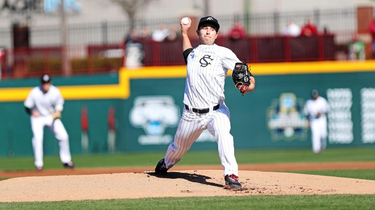 South Carolina’s Brett Kerry pitches against Holy Cross on Saturday at Founders Park.