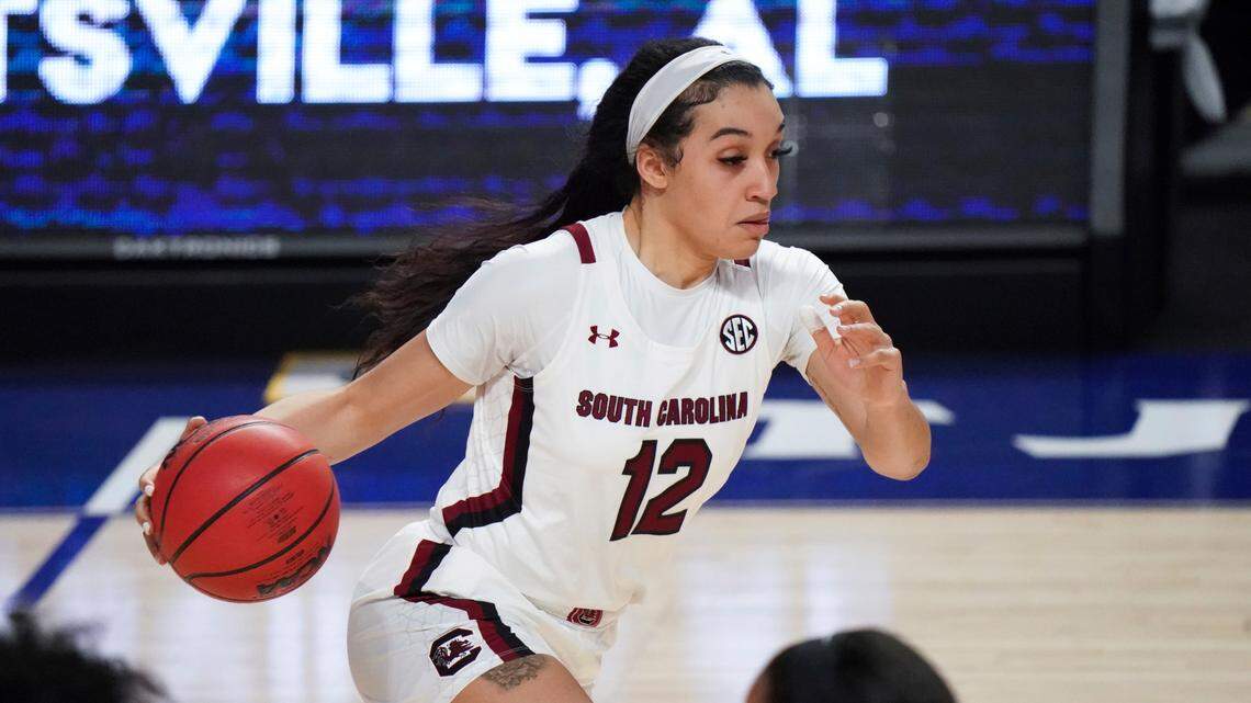 South Carolina guard Brea Beal (12) dribbles during the first half of an NCAA college basketball game against Georgia Sunday, March 7, 2021, during the Southeastern Conference tournament final in Greenville, S.C. South Carolina won 67-62.