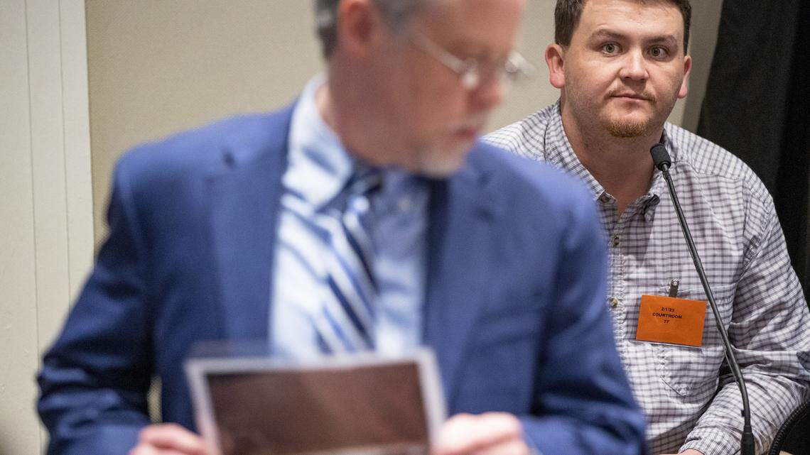 Prosecutor Creighton Waters shows a photo to the jury while asking Rogan Gibson questions in the double murder trial of Alex Murdaugh at the Colleton County Courthouse in Walterboro, Wednesday, Feb. 1, 2023. Andrew J. Whitaker/The Post and Courier/Pool