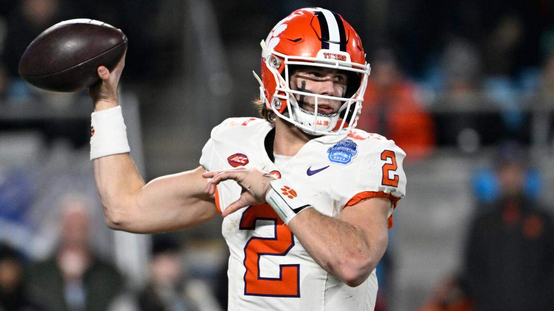 Dec 7, 2024; Charlotte, NC, USA; Clemson Tigers quarterback Cade Klubnik (2) throws during the third quarter against the Southern Methodist Mustangs in the 2024 ACC Championship game at Bank of America Stadium.