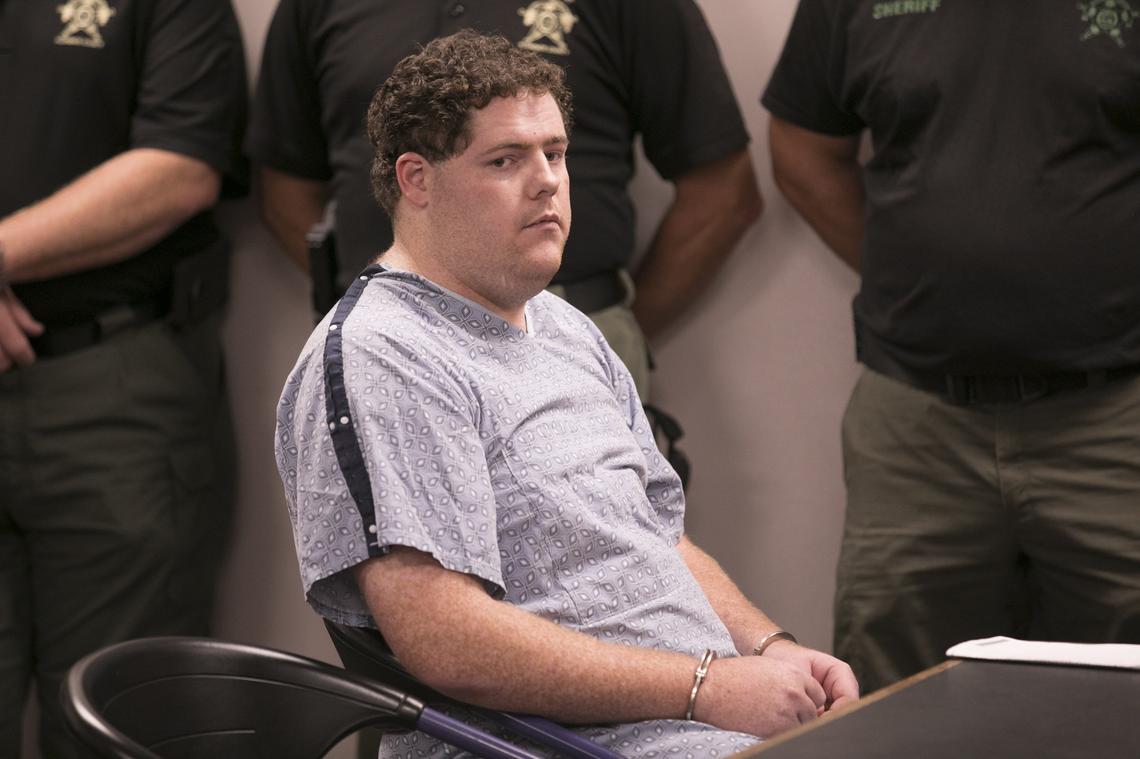 Seth David Hopkins, 28, appears for a bond hearing Oct. 5, 2018.  He is charged with criminal sexual conduct with a minor, second degree, while his father, Fred Hopkins Jr., is charged with one count of murder and six counts of attempted murder.