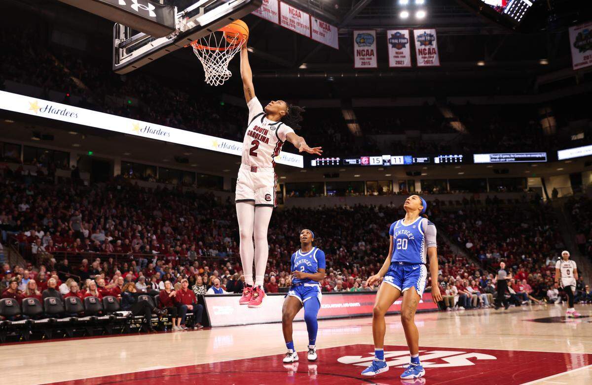 South Carolina forward Ashlyn Watkins (2) dunks during the Gamecocks’ game against Kentucky at Colonial Life Arena in Columbia on Monday, January 15, 2024.