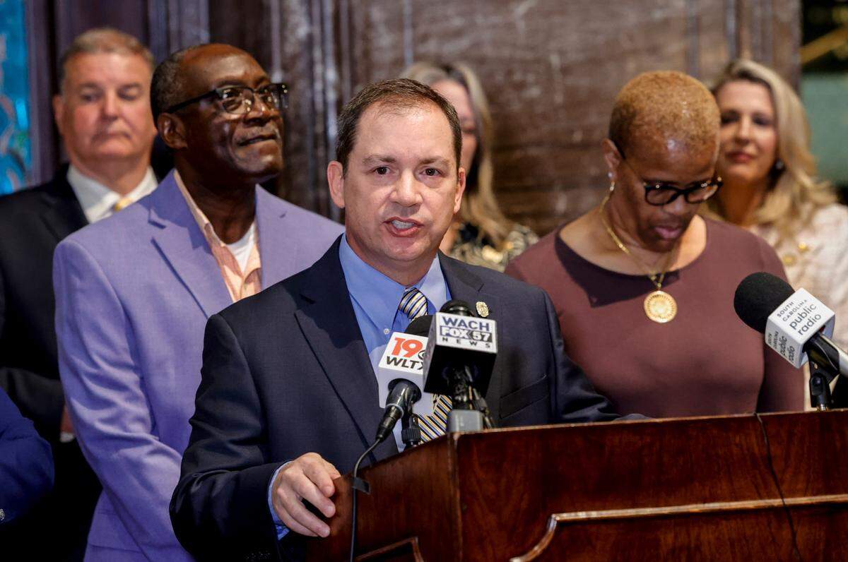 First District Solicitor David Pascoe holds a press conference on Tuesday, April 25, 2023 in the lobby of the South Carolina State House. Pascoe is pushing to change the process of how judges are elected in the state.