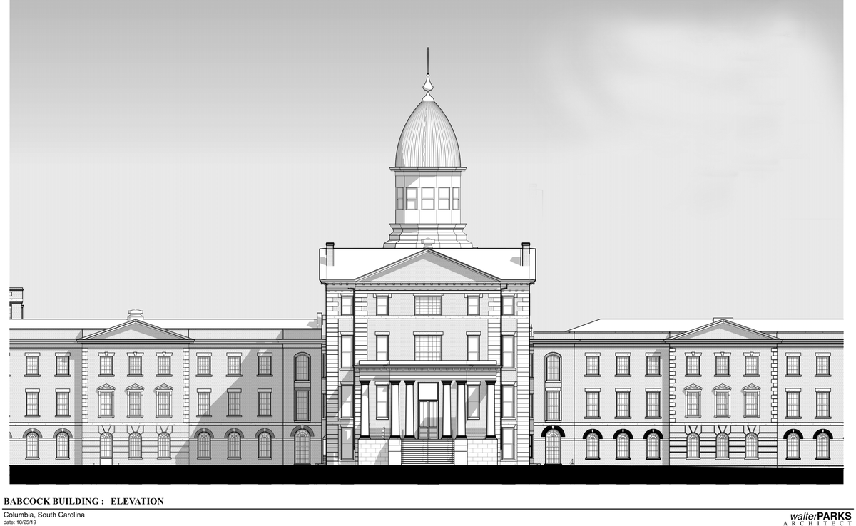 A rendering of the restoration planned for the historic Babcock Building, which will be converted into apartments, at the BullStreet District in Columbia SC.