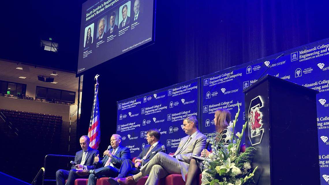 Santee Cooper CEO Jimmy Staton speaks about the deal to restart construction on the unfinished nuclear reactors at V.C. Summer at the second Palmetto Nuclear Coalition Summit in Columbia Dec. 9, 2025.