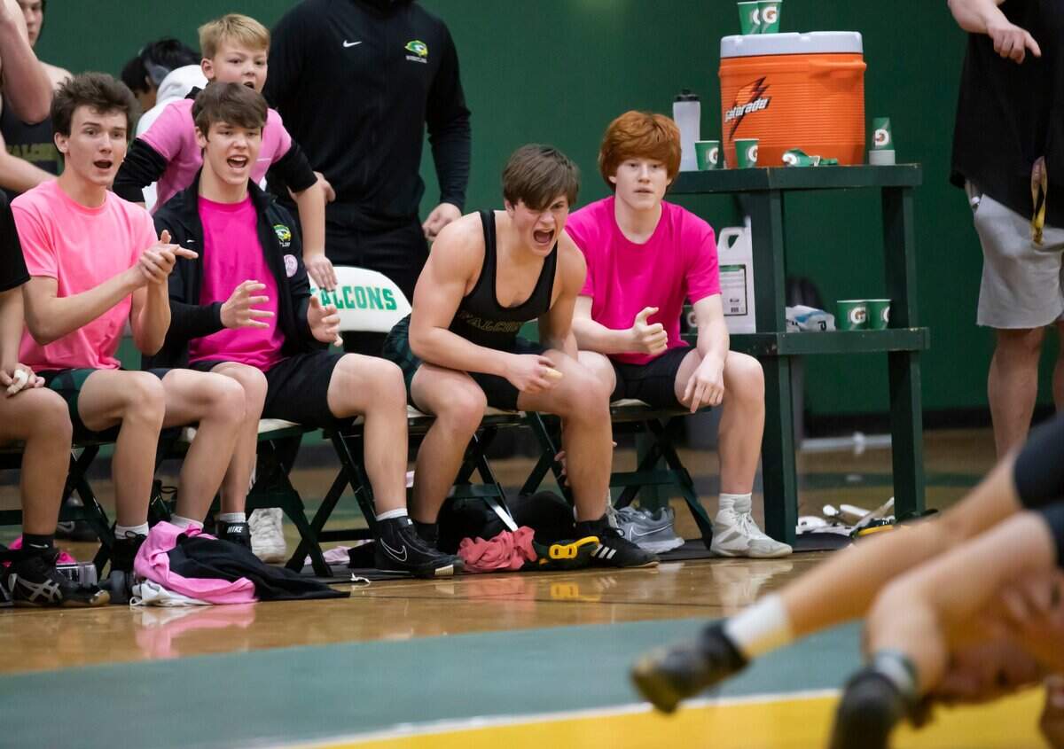 Members of the Ben Lippen wrestling team cheer during their win over the Hammond School in the SCISA 2022 Duals State Wrestling Tournament at Ben Lippen on Saturday, February 5, 2022.
