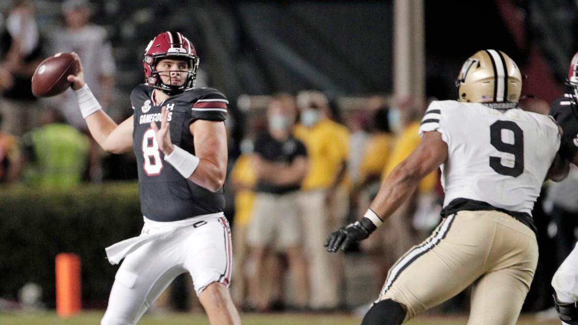 South Carolina Gamecocks quarterback Zeb Noland (8) throws the game winning pass in the game against Vanderbilt at Williams-Brice Stadium on Saturday, October 16, 2021.