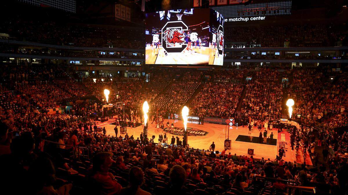 The Mortgage Matchup Center lights up for the Gamecocks before their game against UConn in Phoenix on Friday, April 3, 2026.