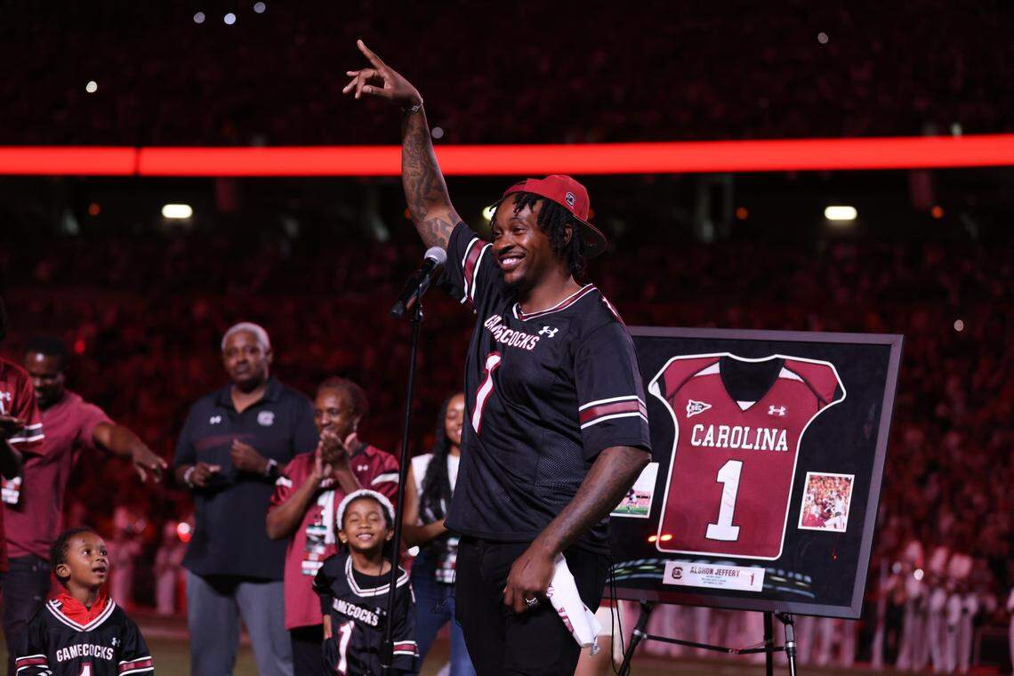 South Carolina wide receiver great Alshon Jeffery has his jersey retired on Saturday, Sept. 23, 2023.