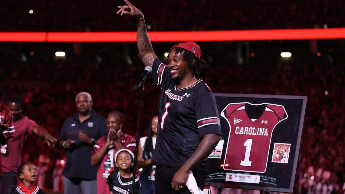 South Carolina wide receiver great Alshon Jeffery has his jersey retired on Saturday, Sept. 23, 2023.