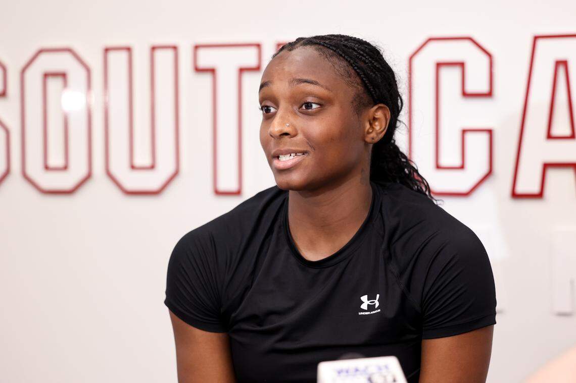 University of South Carolina women’s basketball transfer Ta’Niya Latson is interviewed by members of the media on Tuesday, July 1, 2025. Latson is a guard, transferring from Florida State.
