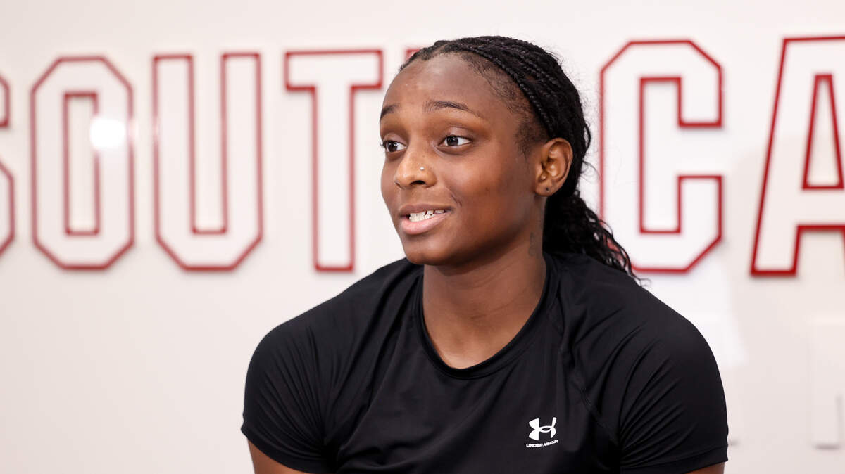 University of South Carolina women’s basketball transfer Ta’Niya Latson is interviewed by members of the media on Tuesday, July 1, 2025. Latson is a guard, transferring from Florida State.