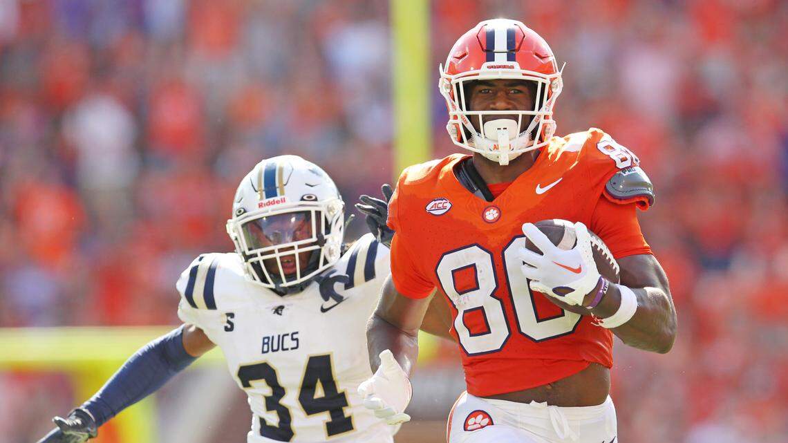Clemson wide receiver Beaux Collins (80) blows by Charleston Southern’s Chandler Evan Perry during third-quarter action in Clemson, S.C. on Saturday, Sept. 9, 2023