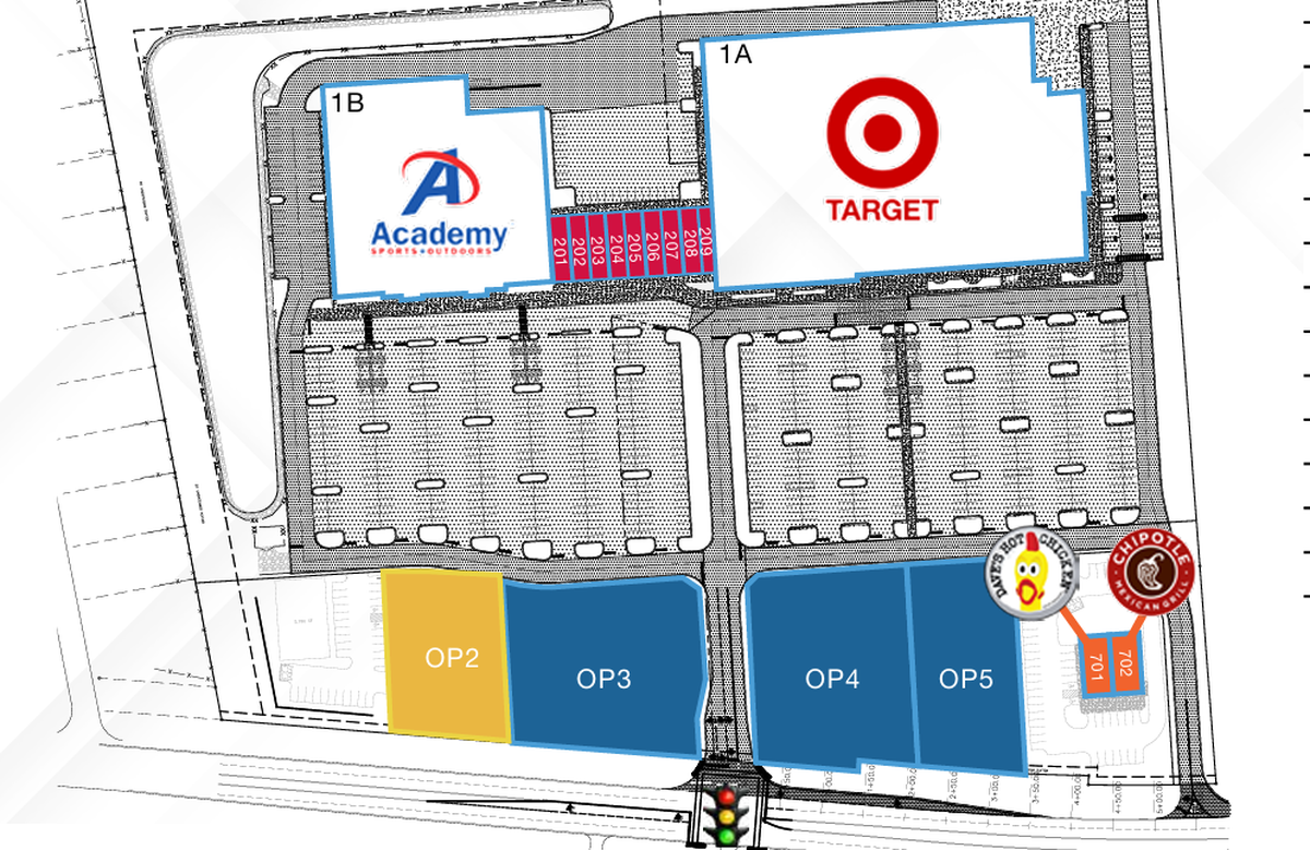A diagram of the coming Victory Village shopping center in the 2500 block of Augusta Highway in Lexington shows a Dave’s Hot Chicken and a Chipotle Mexican Grill at the corner of the property. The center will be anchored by a Target store and highlighted by an Academy Sports store.