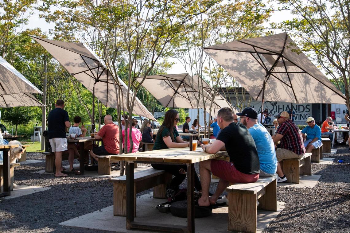 People and their dogs enjoy live music and beer at Steel Hands Brewing in Cayce, South Carolina on Friday, June 18, 2021. Dogs are welcome in their outdoor seating areas.