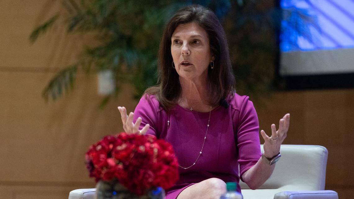 Lt. Governor Pamela Evette, who is seeking the Republican Party’s nomination for governor, speaks at a 2026 gubernatorial forum Tuesday, April 7, 2026.