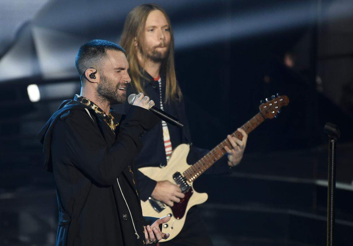 Adam Levine, left, and James Valentine of Maroon 5 perform at Super Bowl LIII.