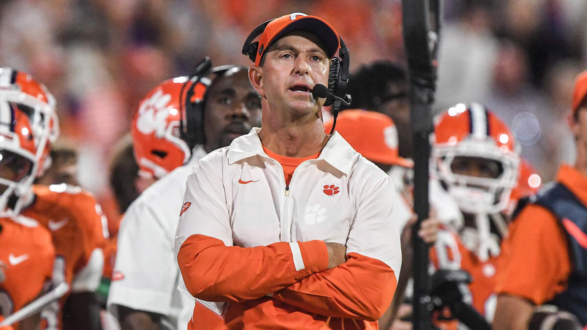 Nov 2, 2024; Clemson, South Carolina, USA; Clemson Tigers head coach Dabo Swinney looks on during the fourth quarter against the Louisville Cardinals at Memorial Stadium.