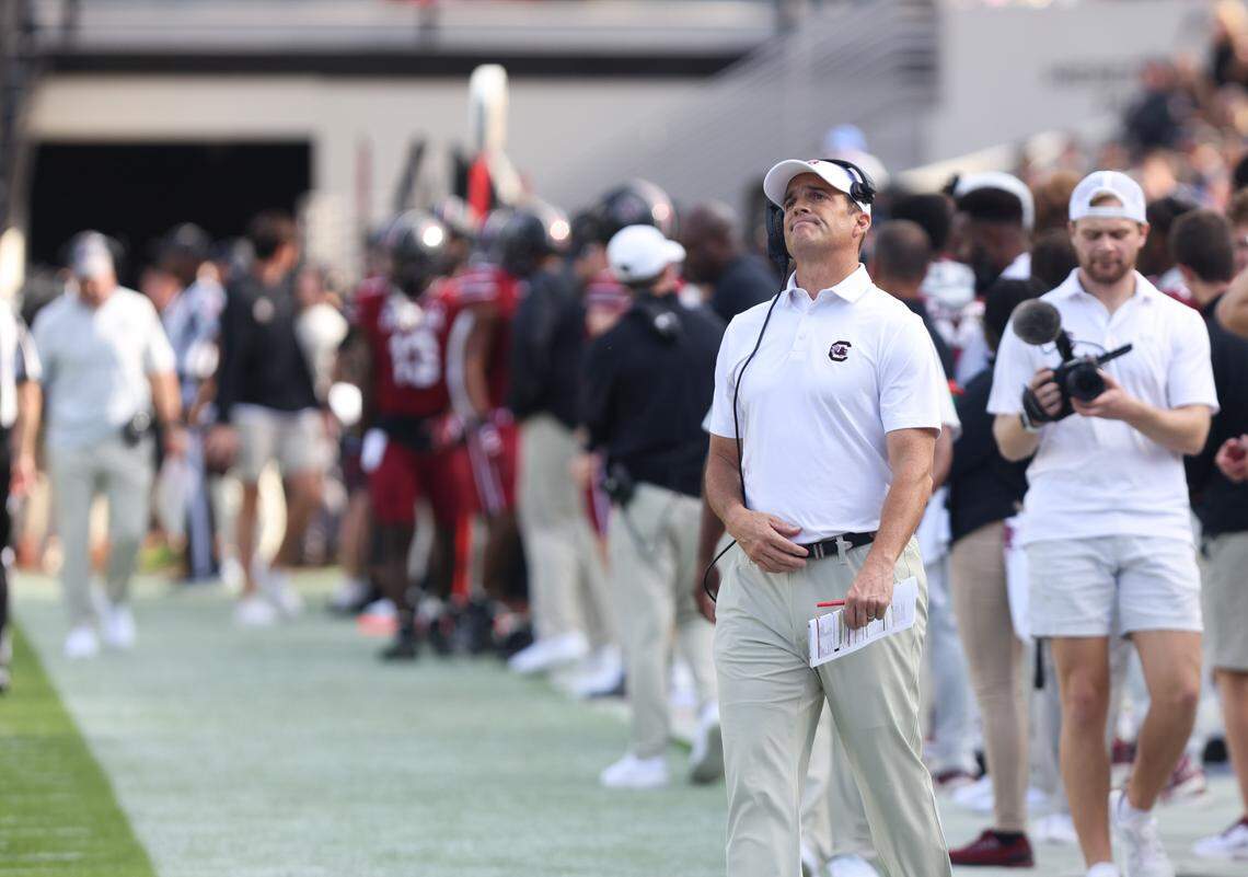 South Carolina head coach Shane Beamer looks up at a video replay during the first quarter of South Carolina’s game at Williams-Brice Stadium in Columbia on Saturday, October 14, 2023.
