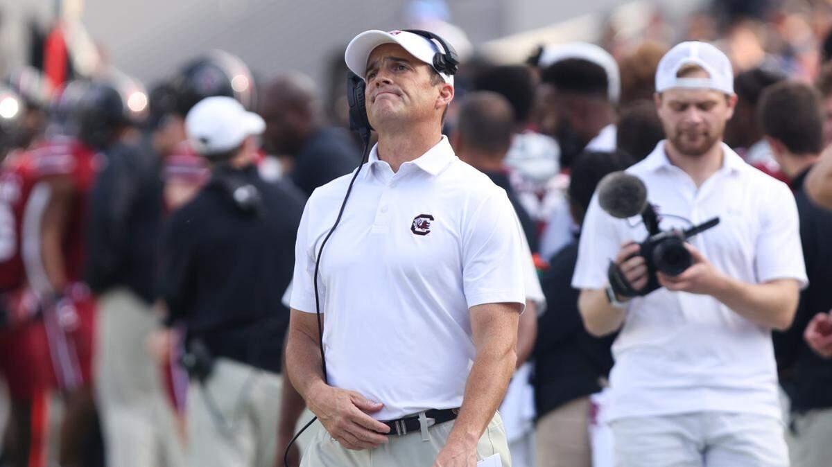 South Carolina head coach Shane Beamer looks up at a video replay during the first quarter of South Carolina’s game at Williams-Brice Stadium in Columbia on Saturday, October 14, 2023.