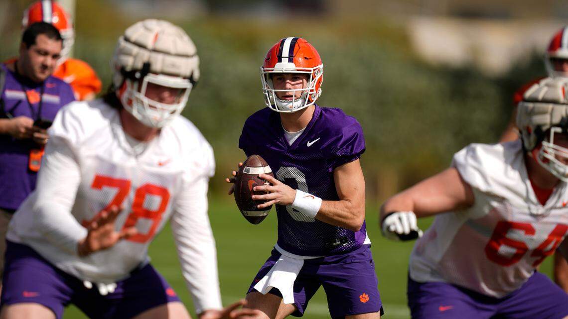 Clemson quarterback Cade Klubnik (2) looks to pass during practice for the Orange Bowl NCAA college football, Wednesday, Dec. 28, 2022, in Fort Lauderdale, Fla. Clemson faces Tennessee on Friday, Dec. 30. (AP Photo/Rebecca Blackwell)