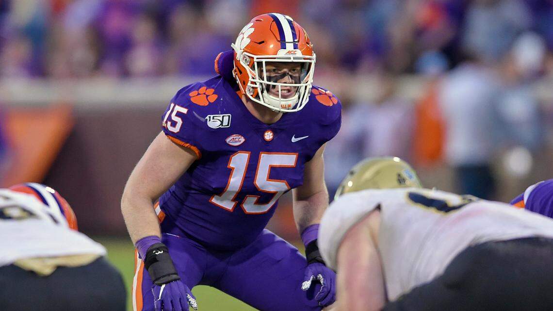 Clemson’s Jake Venables sets before a play during the second half of an NCAA college football game against Wofford Saturday, Nov. 2, 2019, in Clemson, S.C. (AP Photo/Richard Shiro)