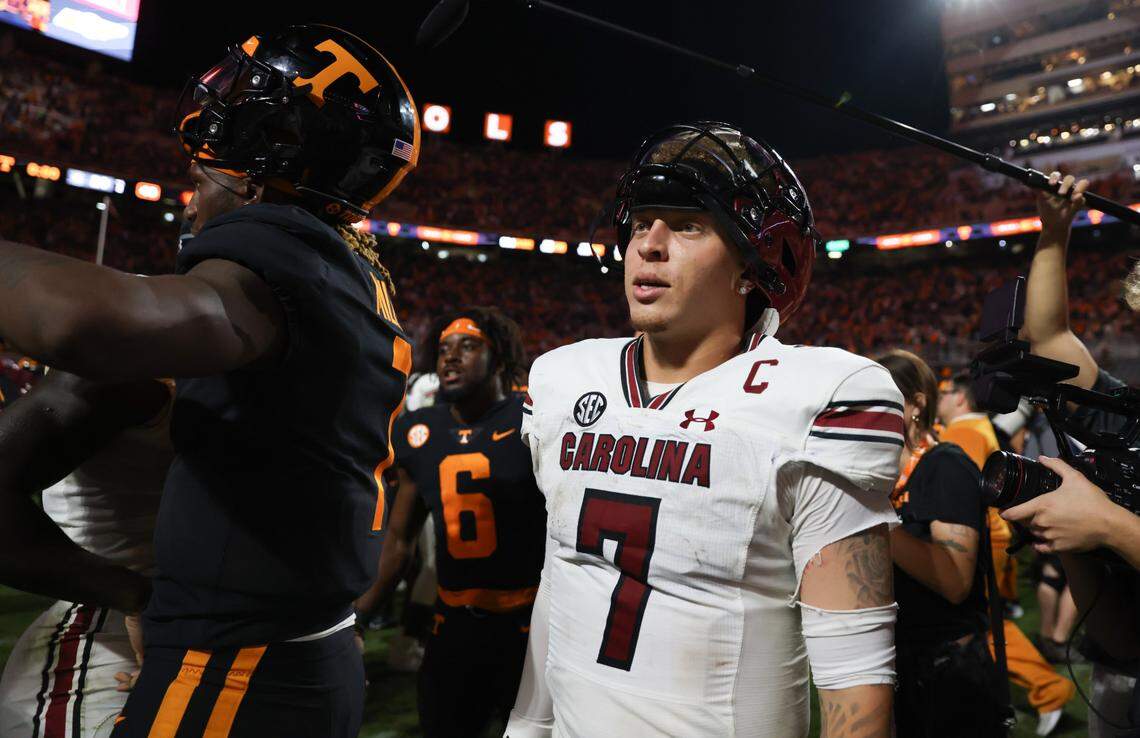 South Carolina quarterback Spencer Rattler (7) congratulates Tennessee players on their win following the Gamecocks’ game at Neyland Stadium in Knoxville on Saturday, September 30, 2023.