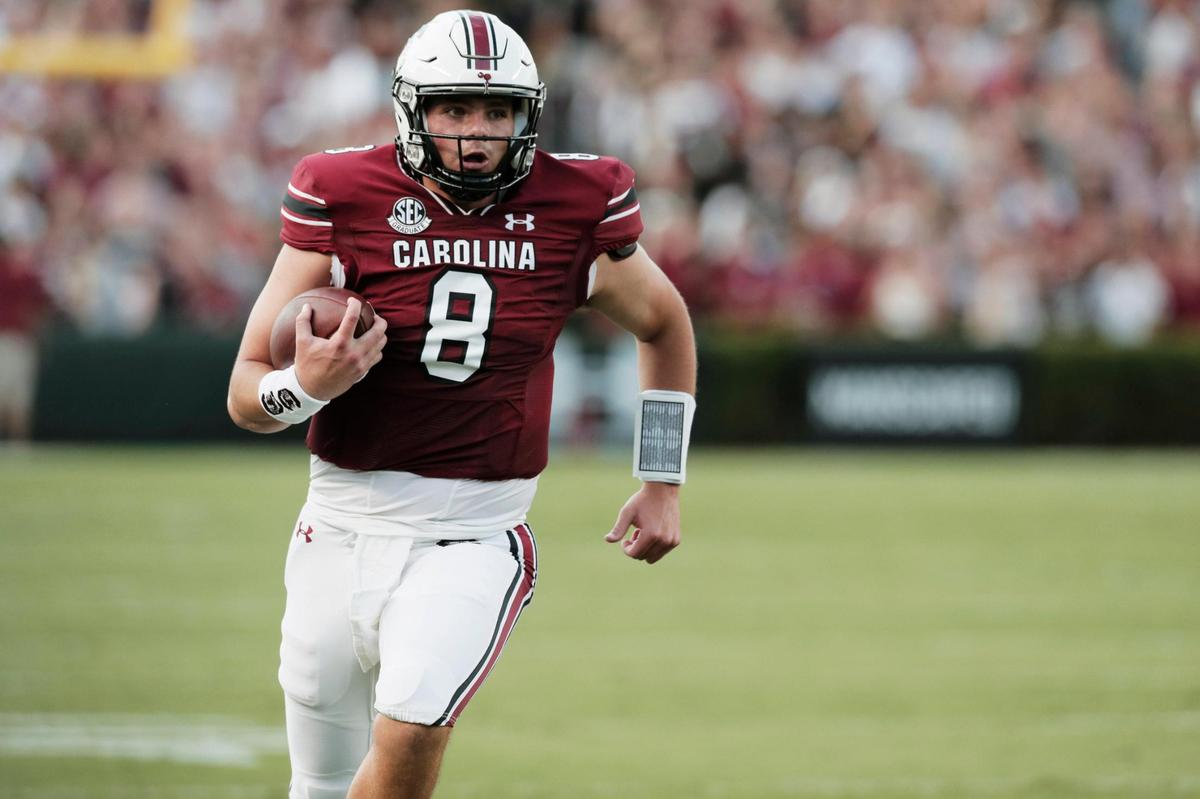 South Carolina Gamecocks quarterback Zeb Noland (8) runs downfield during the game against Eastern Illinois Panthers at Williams-Brice Stadium on Saturday, September 4, 2021.