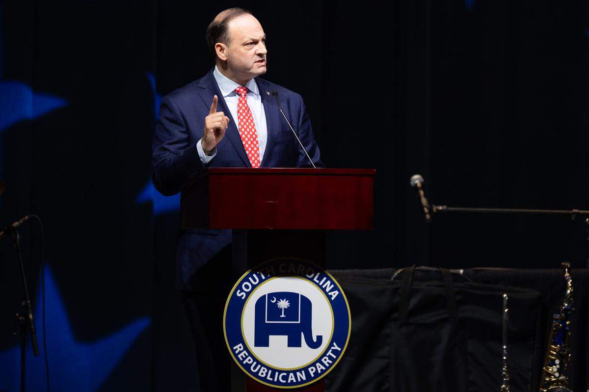 Attorney General Alan Wilson speaks during the Silver Elephant Dinner, the South Carolina Republican Party’s biggest fundraiser of the year, at the Columbia Convention Center on Saturday, August 9, 2025.