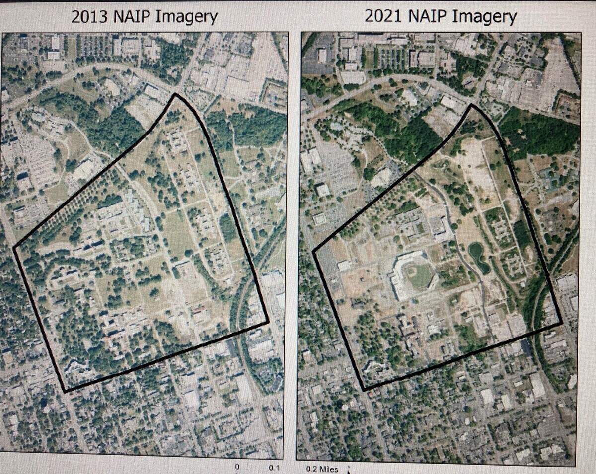 Aerial imagery analyzed by the University of South Carolina show the loss of tree canopy at the Bull Street development site in less than 10 years. The major losses have been in the northwest corner and near the Columbia Fireflies baseball park.