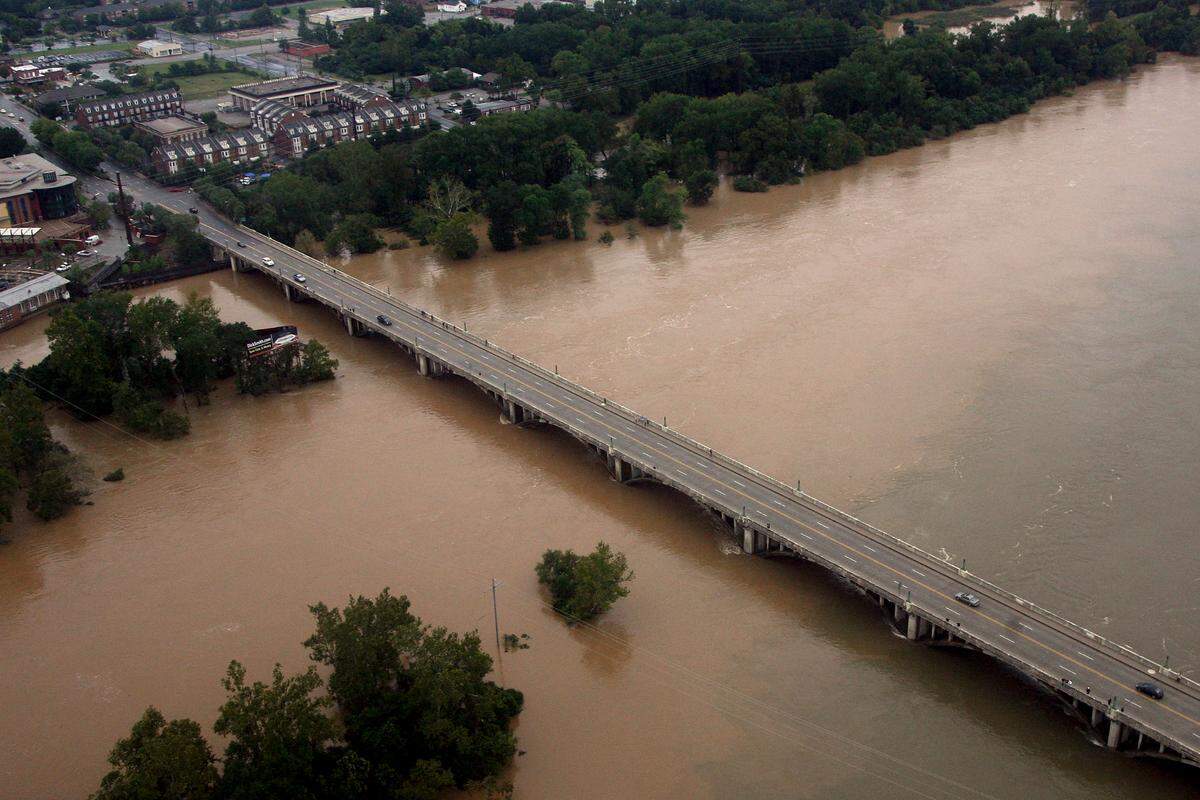 The Gervais Street Bridge over a swollen Congaree River on Oct 5, 2015.