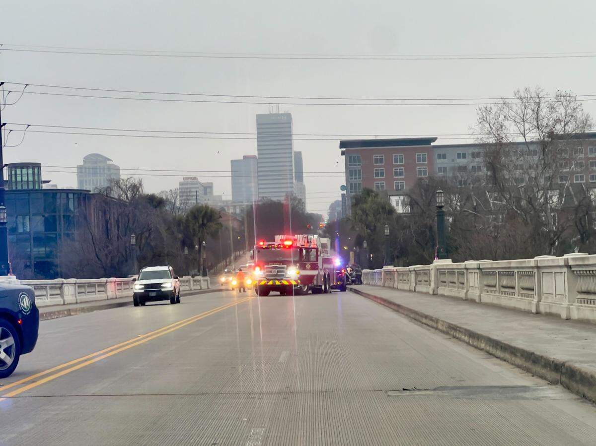 The Columbia Fire Department blocks the Gervais Street bridge.
