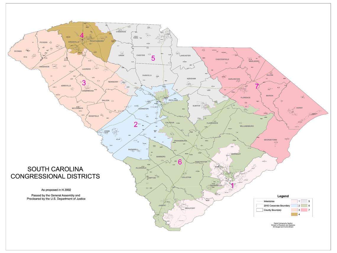 2010 map of South Carolina’s seven U.S. House districts.