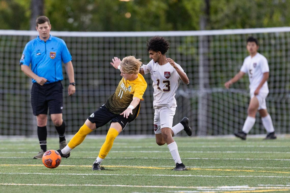 The Gray Collegiate War Eagles play soccer at their new home stadium on May 3.