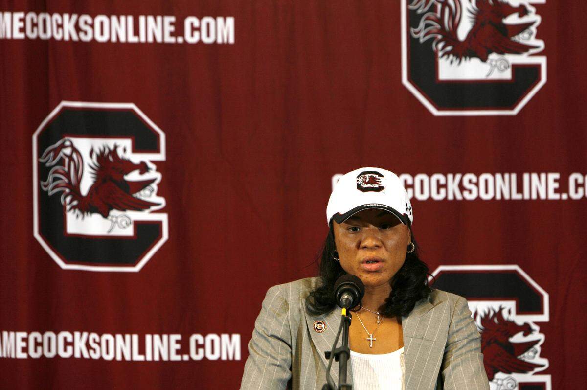 From Saturday, May 10, 2008: South Carolina women’s basketball coach Dawn Staley addresses the media during her introductory press conference in Columbia.