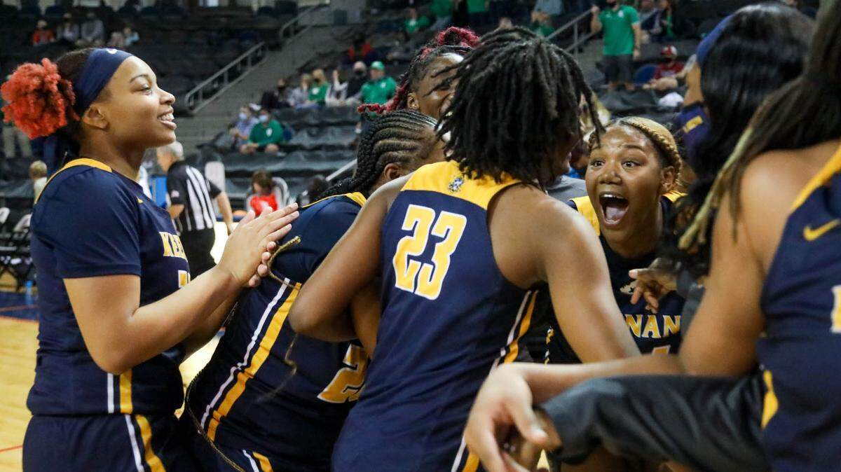 Keenan celebrates winning the 3A state championship game over Bishop England at the USC Aiken Convocation Center on Friday, March 5, 2021.