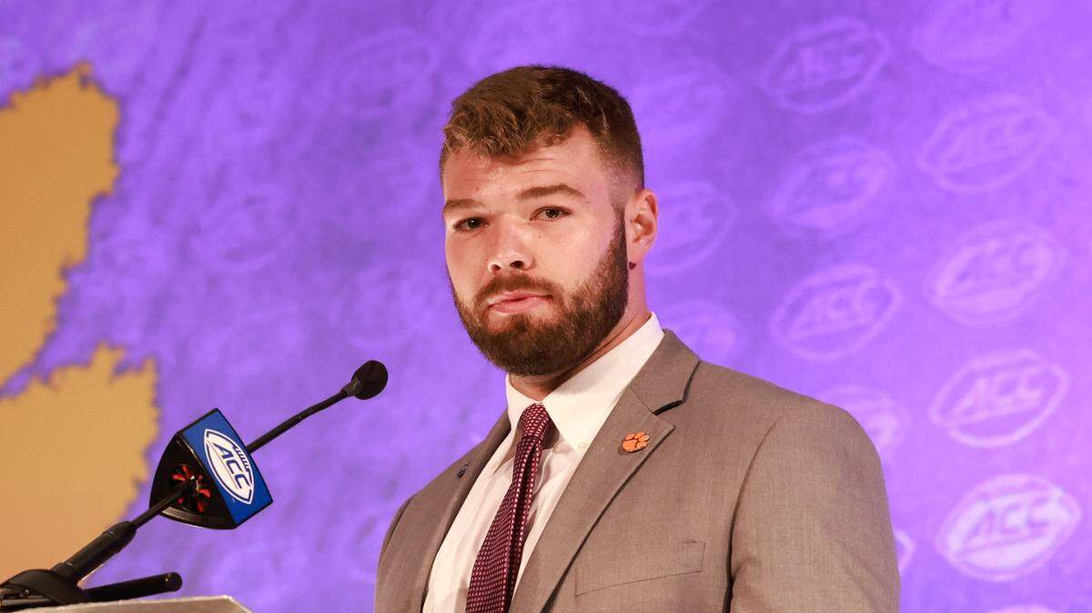 Clemson sixth-year senior linebacker James Skalski listens to a question during the ACC Kickoff on Thursday at the Westin in Charlotte, N.C.